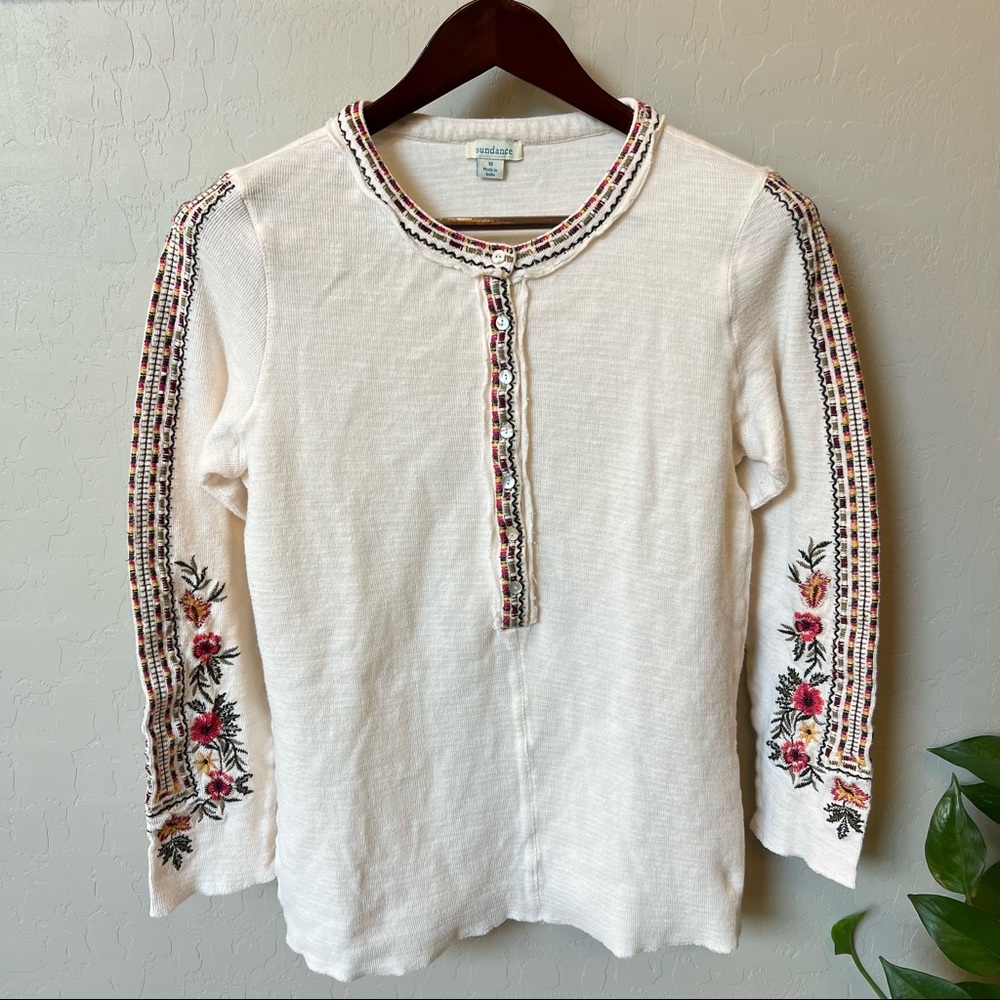 Sundance micro waffle knit Henley, Cotton, boho floral embroidery, cream, size M